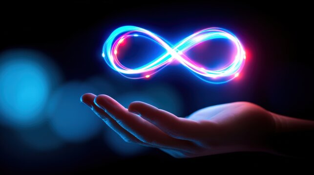 Glowing Neon Infinity Symbol Levitating Above an Open Hand in Darkness with Bokeh Lights