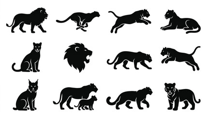 Obraz premium Black Silhouettes Of Big Cats In Various Poses.