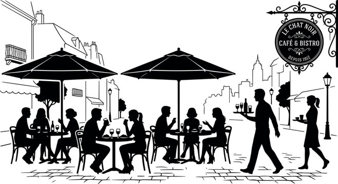 European street cafe bistro patio scene with people dining under umbrellas and waiters serving food silhouette line art vector