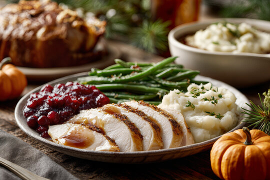 Holiday Dinner Feast with Roasted Turkey, Cranberry Sauce, Green Beans, and Mashed Potatoes for a Festive