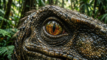 Fototapeta premium Macro extreme close up of realistic dinosaur eye in green jungle