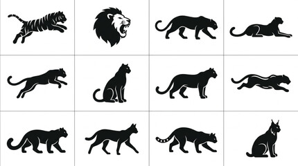Obraz premium Black Silhouettes Of Various Big Cats.