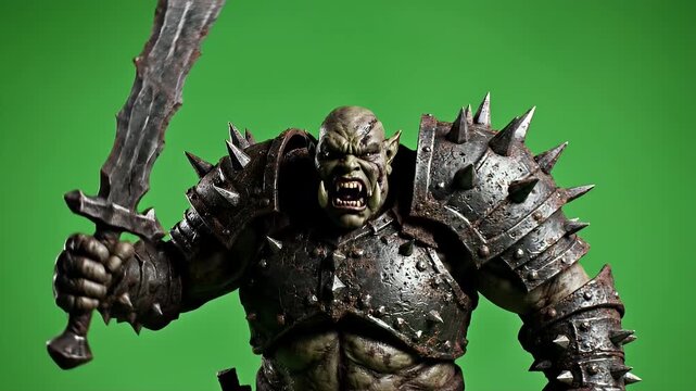 Fierce Orc Warrior Action Figure with Sword on Green Screen Background.