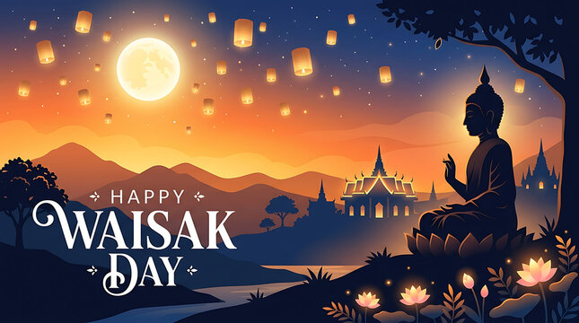 Serene Buddha Meditating Under Full Moon with Floating Lanterns for Happy Waisak Day Celebration