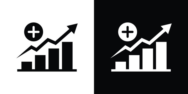 Minimalist business bar chart icon featuring an upward trending arrow and a plus sign emblem, symbolizing value addition, positive growth, profit margins, and financial accumulation.