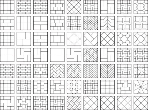 An assortment of geometric patterns and designs are displayed in a grid formation, showcasing various squares and rectangles with line art.