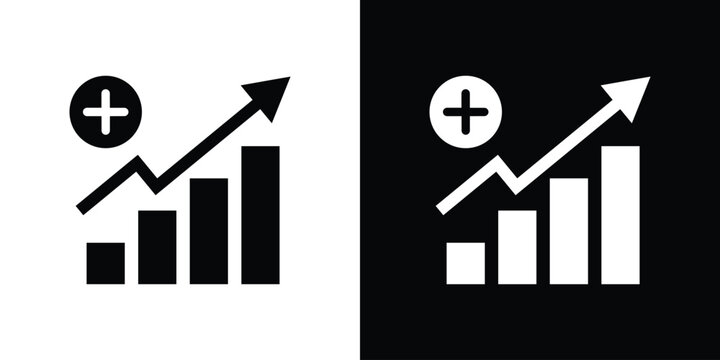 Minimalist business bar chart icon featuring an upward trending arrow and a plus sign emblem, symbolizing value addition, positive growth, profit margins, and financial accumulation.