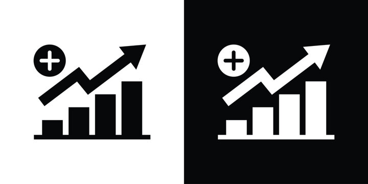 Minimalist business bar chart icon featuring an upward trending arrow and a plus sign emblem, symbolizing value addition, positive growth, profit margins, and financial accumulation.