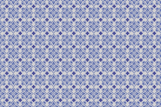 Elegant seamless geometric floral pattern in blue and white tones. Vintage ornamental textile design inspired by classic ceramic and ethnic motifs, perfect for fabric print, wallpaper, wrapping paper,