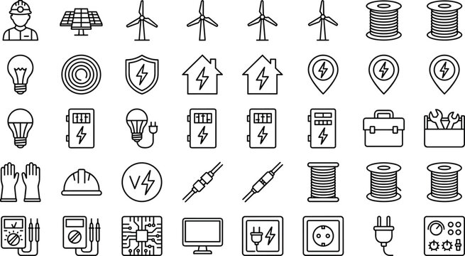Electrician service and electrical engineering line icon set featuring cable wiring tools power sockets grid maintenance and renewable energy outline vectors