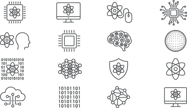 Quantum computing and artificial intelligence line icon set featuring microchip processors machine learning neural network and binary data outline vectors