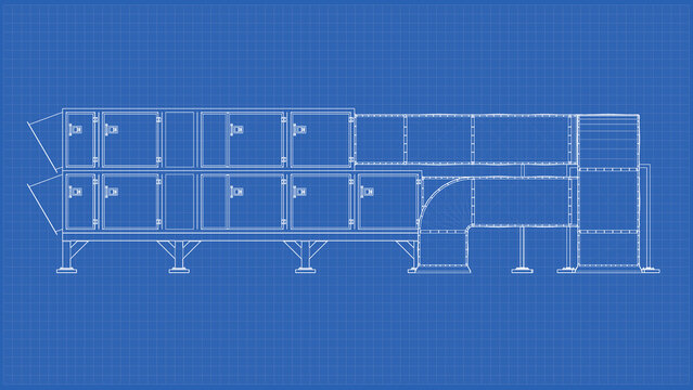 Air Handling - technical drawing, Blueprint. 3D Mesh, Sketch, Vector style or Drawing. 3D rendering isolated on blue background. 