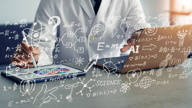 オフィスで作業する白衣の男性と科学技術のコンセプト