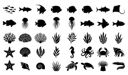 Fototapeta premium Black and white underwater silhouette vector set with marine life and ocean elements isolated on white background