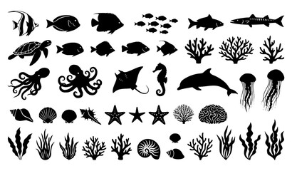 Ocean life silhouette vector assortment featuring underwater creatures and marine elements © abdul