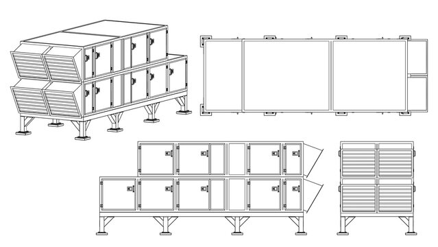 Air Handling AHU - technical drawing, Front, Side and Top view. 3D Mesh, Sketch, Vector style or Drawing. 3D rendering isolated on white background. 