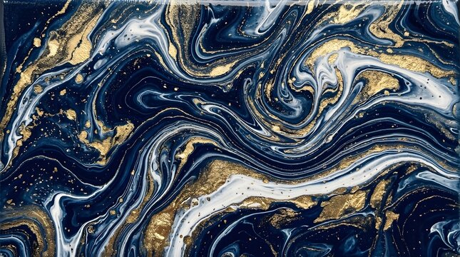 Marbled liquid flows in dark blue, gold, and white swirls on a surface.