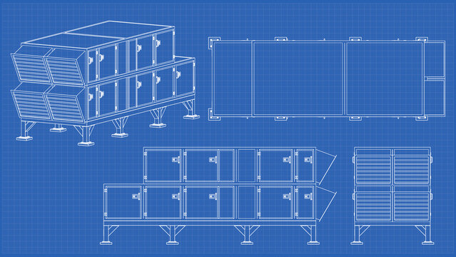 AHU Air Handling - Blueprint technical drawing, Front, Side and Top view. 3D Mesh, Sketch, Vector style or Drawing. 3D rendering isolated on blue background. 