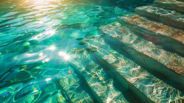 Sunlight dances on clear turquoise water. Stone steps fade beneath rippling surface. Golden rays highlight water's deep, calm blue. Perfect for tranquil spa or beachside scenes