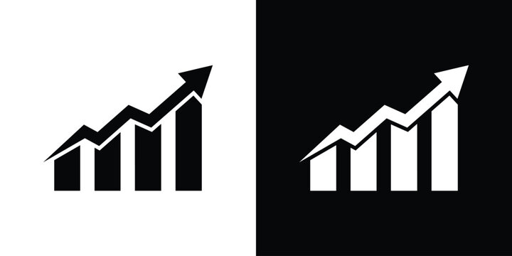 Clean four-bar financial chart icon with a sharp upward zigzag trend arrow, representing economic recovery, market growth, profit increases, and corporate success indicators.