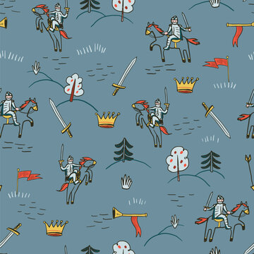 Seamless Medieval Knight Pattern with Horses, Swords, Crowns and Royal Symbols