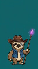 Obraz premium Cartoon sloth character wearing a cowboy hat and monocle holding a magical crystal staff