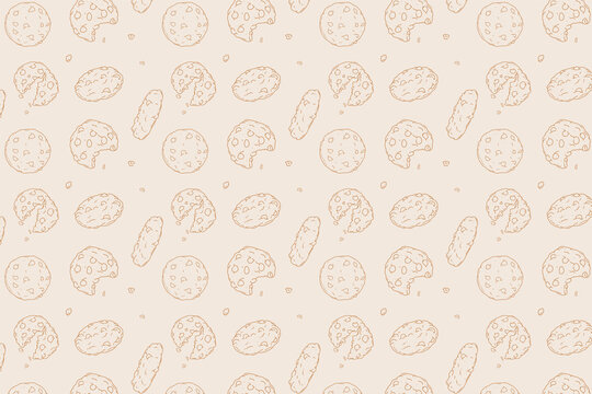 Seamless Pattern of hand draw coco chip cookies in cute doodle style. Perfect for food branding, packaging, stationery, textile, and decorative surface design