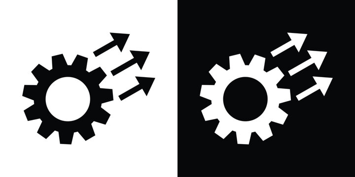 Industrial cog wheel icon paired with three diagonal ascending arrows, symbolizing mechanical progress, technical scaling, productivity increase, and engineering development.