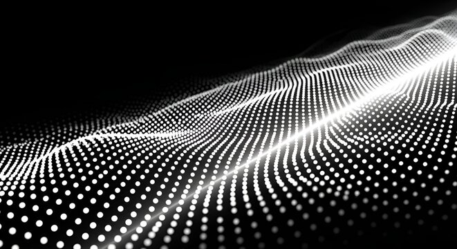 Abstract glowing white digital wave of particles flowing in a futuristic dark background, 3D render, technology and data concept, suitable for science and network themes