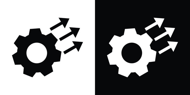 Industrial cog wheel icon paired with three diagonal ascending arrows, symbolizing mechanical progress, technical scaling, productivity increase, and engineering development.