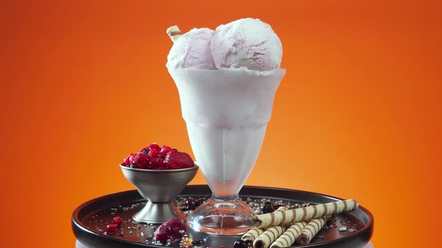 Ice cream in a glass slowly rotates around its axis