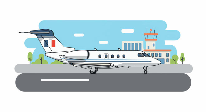 Private jet parked at airport with control tower and terminal building