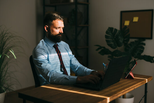 Concentrated executive using computer and analyzing business information during evening work session