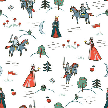 Seamless Medieval Knight Pattern with Horses, Swords, Crowns and Royal Symbols