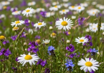 Obraz premium Beautiful blooming daisies and purple wildflowers growing in a lush green meadow during a sunny spring day