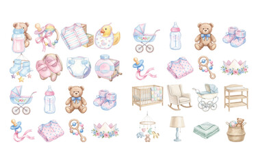 Fototapeta premium Baby Nursery and Newborn Watercolor Vector Set with Crib and Toys
