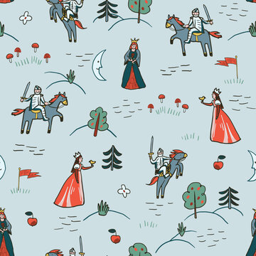 Seamless Medieval Knight Pattern with Horses, Swords, Crowns and Royal Symbols