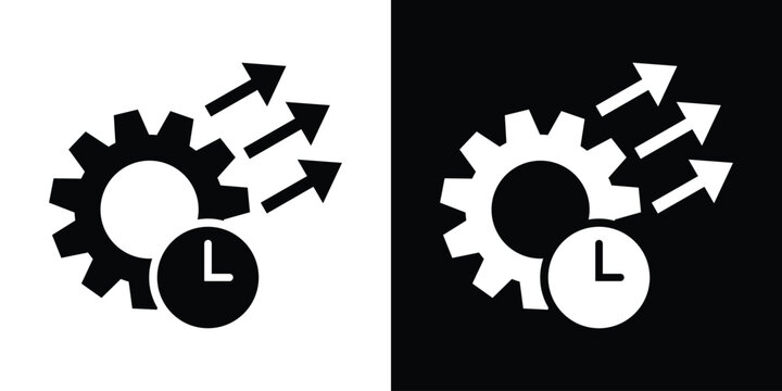 Gear icon with a clock and three upward arrows, representing time management, workflow optimization, productivity growth, and operational efficiency in solid black and white variations.