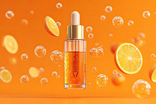 cosmetic serum hya vitamin c collagen Liquid bubble moisturizer hydrogen on orange background