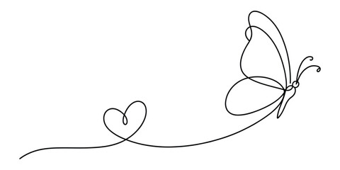Continuous single line drawing of a beautiful butterfly flying towards a small heart shape © Monibala