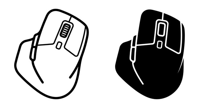Computer Mouse Icons, Wireless Ergonomic Device Vector Set, Black and White Digital Input Tools for Technology and Gaming Concepts