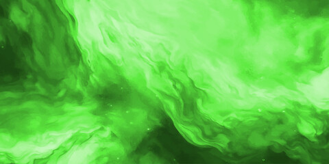 An abstract green background features a dynamic pattern of light and colorful paint texture blending like smoke and ink in a dark space © BIG PROBLEM