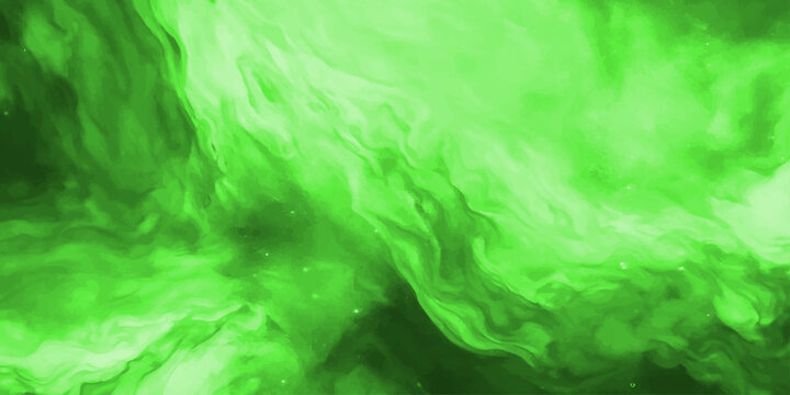 An abstract green background features a dynamic pattern of light and colorful paint texture blending like smoke and ink in a dark space