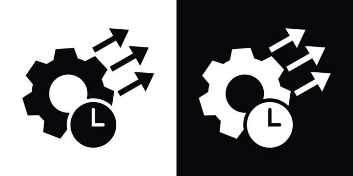 Gear icon with a clock and three upward arrows, representing time management, workflow optimization, productivity growth, and operational efficiency in solid black and white variations.