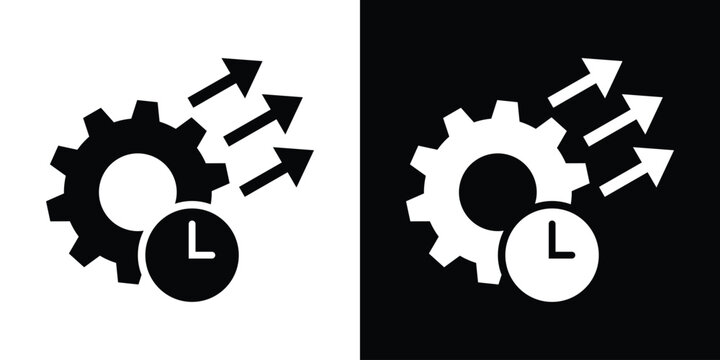 Gear icon with a clock and three upward arrows, representing time management, workflow optimization, productivity growth, and operational efficiency in solid black and white variations.