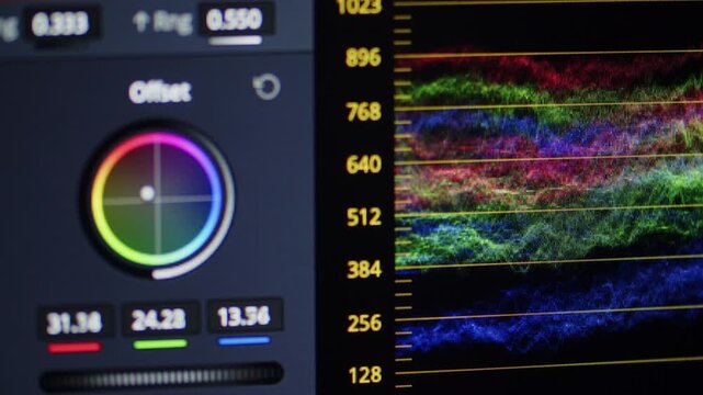 Color correction in video post production. Filmmaker colorgrading video material in an editing program. Editor working with content. Color grading with a waveform. 
