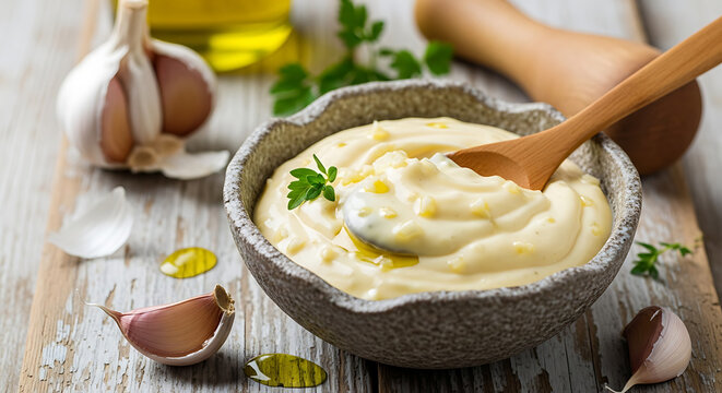 Traditional homemade Mediterranean aioli or allioli garlic mayonnaise sauce in a stone mortar with fresh cloves and olive oil on a rustic wooden background.