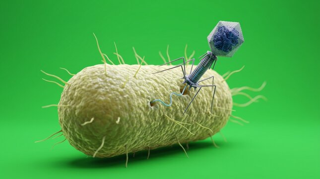 Microscopic bacteriophage virus injecting DNA into bacterial cell on vibrant green background