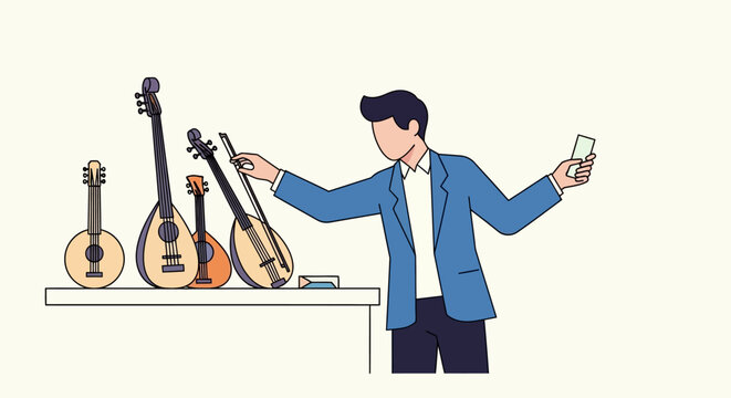 Man choosing musical instruments, guitars and stringed instruments display