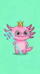 Fototapeta premium Pink Cartoon Axolotl King Illustration Wearing a Gold Crown and Glasses Holding a Glowing Trident